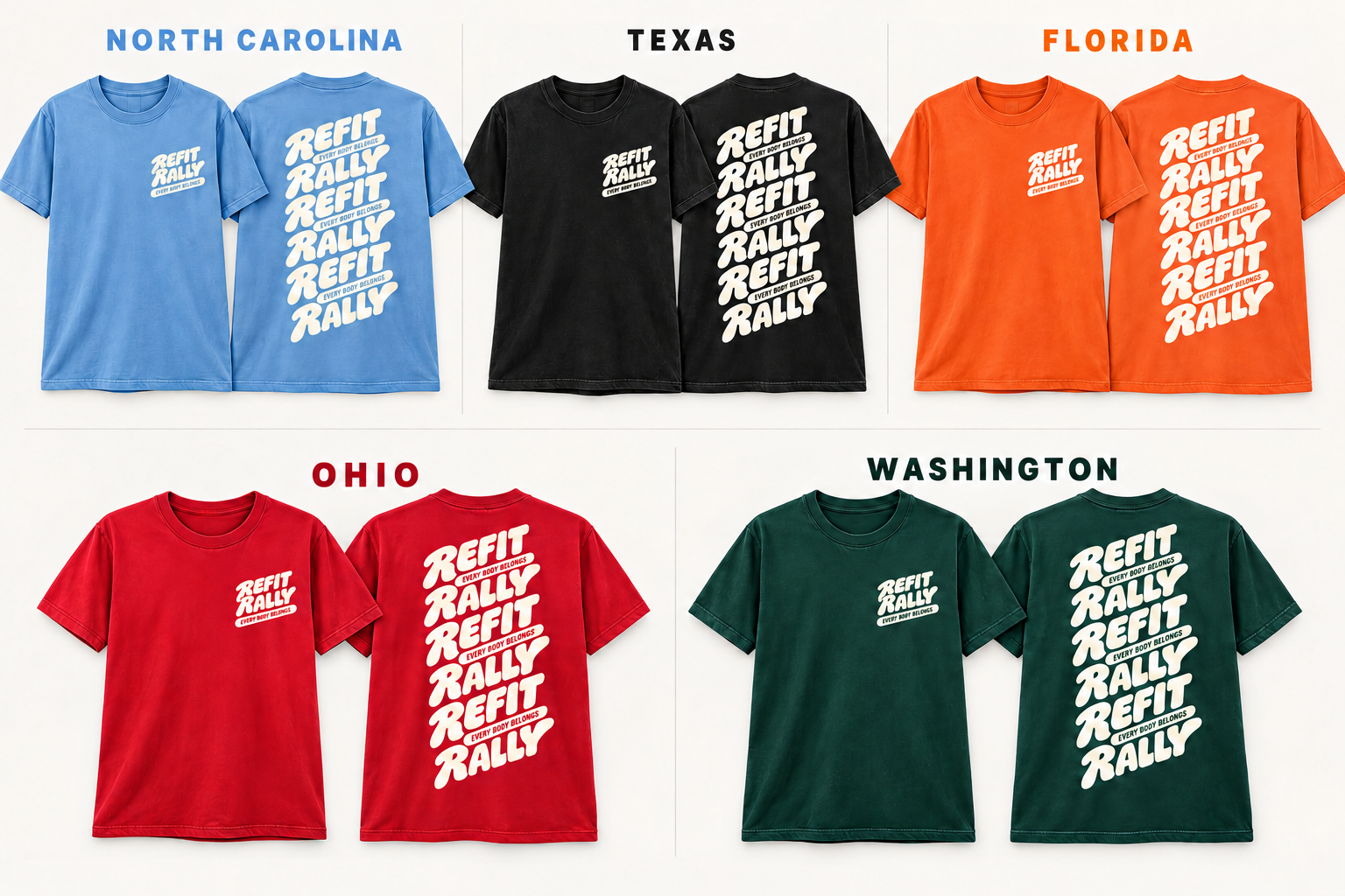 REFIT Rally shirts in a different color for each city, front and back
